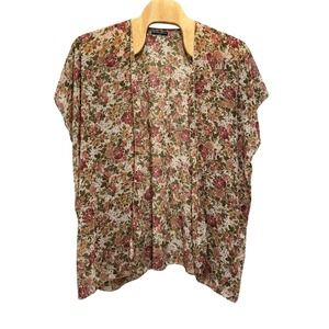 Brandy Melville Fall Brown Pink Floral Print Kimono Top Short Sleeve Sheer Small